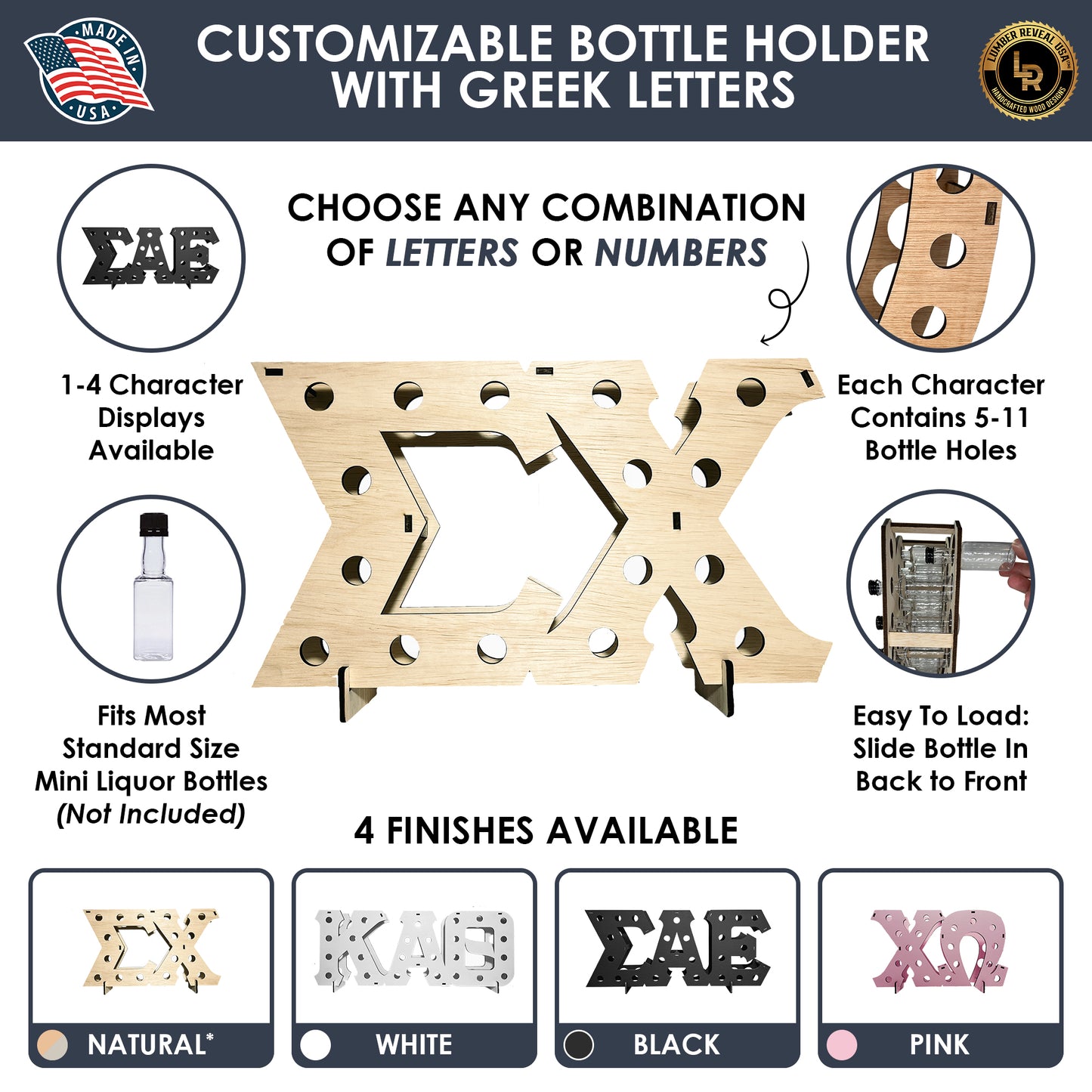 Custom Mini Bottle Holder Display - Greek Alphabet - Up To 4 Digits