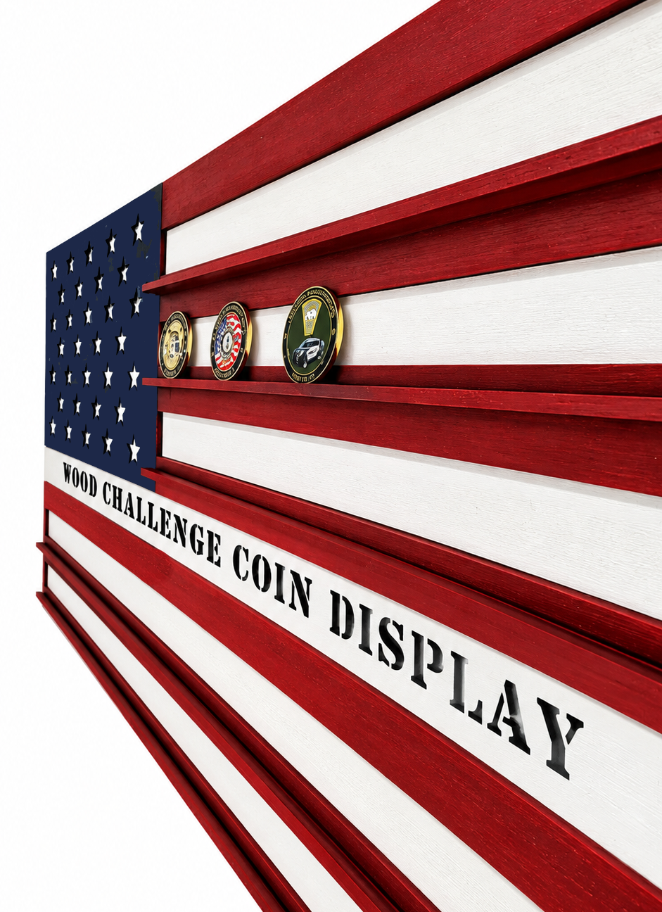 sideview of 5-shelf personalized american flag challenge coin display