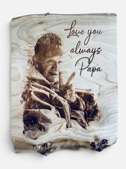8x10"+ Live-Edge Wood Engraved Photo | Engraved Live-Edge Wood