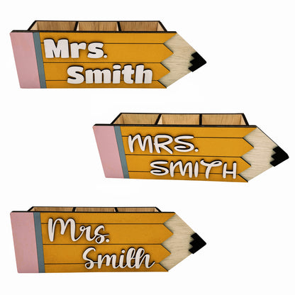 Personalized Name Plate Desk Organizer in Shape of Pencil - Customized Desk Storage for Teacher or Studdent