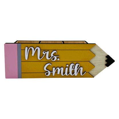 Personalized Name Plate Desk Organizer in Shape of Pencil - Customized Desk Storage for Teacher or Studdent