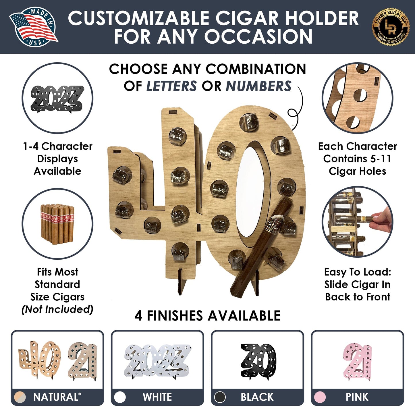 Custom Cigar Holder Display - Letters or Numbers Up To 4 Digits Party & Celebration Lumber Reveal USA 